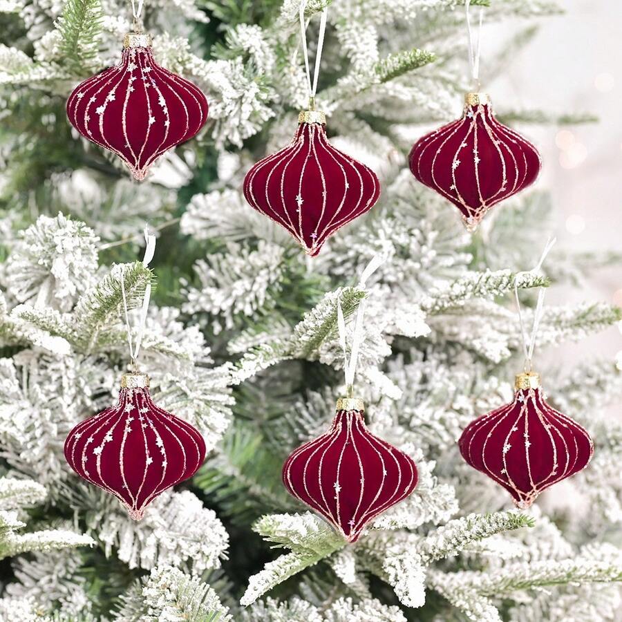 6pcs Premium Flocked Asymmetric Colorful Rhinestone Almond-Shaped 8cm Christmas Ball Set Christmas Tree Hanging Decor - 6Pcs - View 1