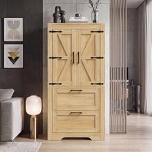 Country-Style Kitchen Cabinet With Two Drawers And Adjustable Shelves, Barn Door Design, Suitable As Storage For Kitchen, Dining Room, And Living Room, Natural Wood Color - 查看 1
