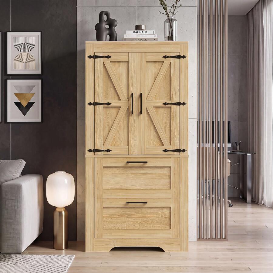 Country-Style Kitchen Cabinet With Two Drawers And Adjustable Shelves, Barn Door Design, Suitable As Storage For Kitchen, Dining Room, And Living Room, Natural Wood Color - 查看 1