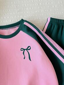 Tween Girl Bow Pattern Crew Neck Long Sleeve Sweatshirt And Sweatpants Set - Pink - View 5