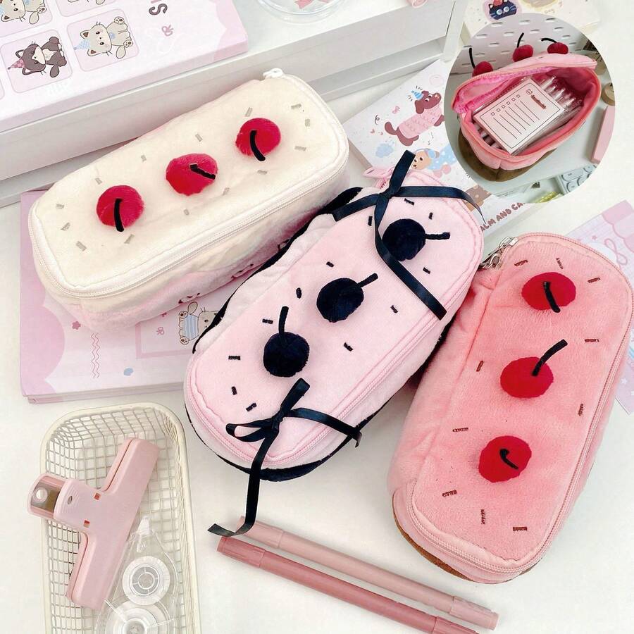 1pc New Cute Cartoon Plush Cherry Cake Pencil Case, Large Capacity Student Stationery Storage Bag, Multifunctional Organizer Pouch, Soft Skin-Friendly Plush Fabric, Smooth Zipper, Dust-Proof, Pressure-Resistant, 3D Fluffy, Lightweight, Portable, Fits In Backpack, Can Hold Pencils, Markers, Rulers, Erasers, Sticky Notes And Various Learning Supplies, Suitable For Students, Classroom, Self-Study, Library, Home, Dorm, Daily Use, Creative Storage, Multi-Purpose, Soft And Healing, Niche, Versatile, Durable, Perfect Practical Gift For Students, Birthdays, Best Friends