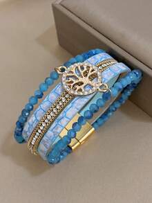 Bohemian Tree Of Life Multi Layer PU Artificial Leather Crystal Beads Diamond Bangle Bracelet For Women,Party,Daily,Christmas,Halloween,Fall Decor - Light Blue - View 5