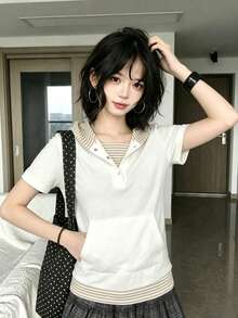 YCYC 韓式風格秋冬條紋拼接鈕扣連帽短袖女款 T-shirt 上衣 - 白色 - 查看 4