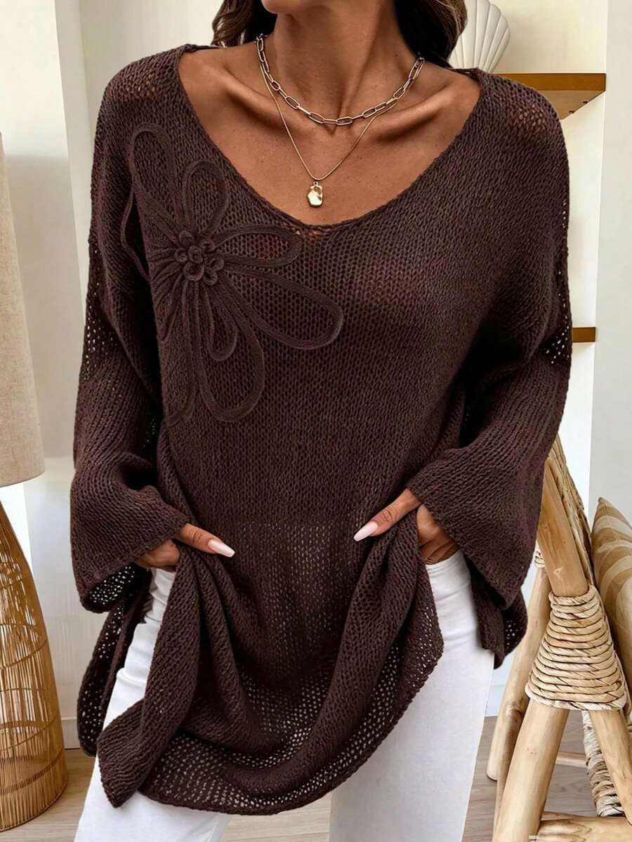 كنزة نسائية بأسلوب بوهيمي من نسيج شبكي، مزينة بزهور، بياقة مستديرة وأكمام طويلة، حافة غير متماثلة، مقاس كبير، ملابس عطلة - قهوة بني - مشاهدة 1