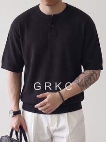 GRKC 男士短袖針織亨利領圓領寬鬆直筒休閒通勤風針織T恤 春夏上衣 - 黑色 - 查看 2