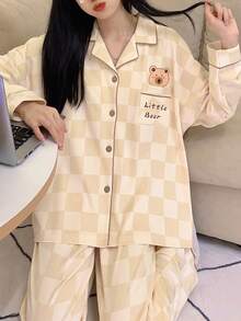 2pcs/Set Women's Pajamas Homewear Set, Lapel Cardigan Cute Pattern Print Decor Long Sleeve Cropped Pants, Suitable For All Seasons - Champagne - View 6