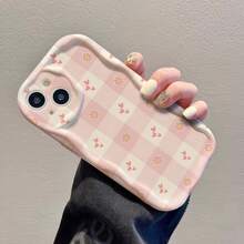 1 Stück Stück 2D kreative rosa karierte Herz- & Blumenwellenkanten Schutzhülle kompatibel mit Apple 7/8/X/XR/XS MAX/11/12/13/14/15/16/17 Pro Max, A14/A15/A16/A17/A04/A05/A06/A07/A54/A55/A56/A57/A34/A35/A36/A37/S26/S26 Plus/S26 Ultra, Transsion SMART 7/8/9/10 - Weiss - Übersicht 5