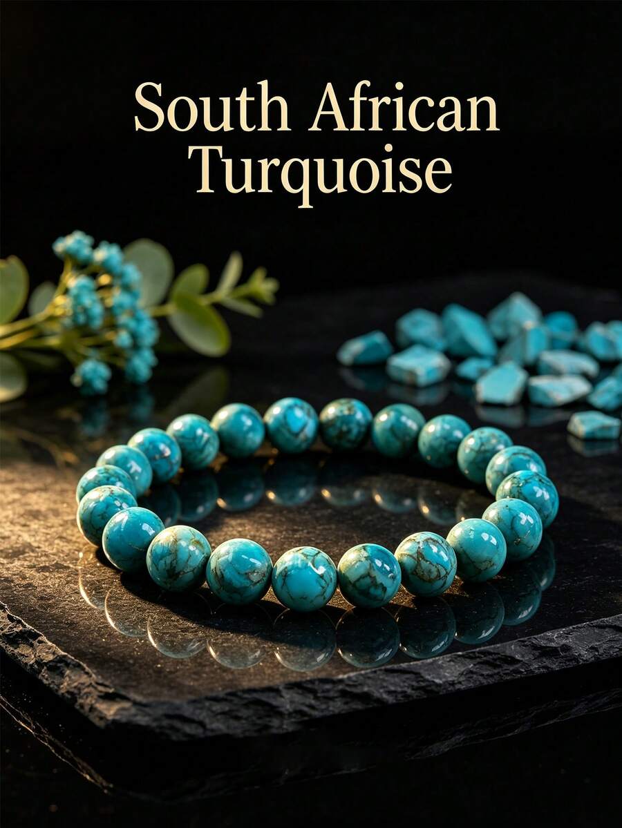 Natural South African Turquoise Round Bead Elastic Bracelet, Healing Crystal Protective Gemstone Bracelet For Calming Throat Chakra, Spiritual Unisex Jewelry Gift - Turquoise - View 1