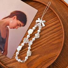 Ins Style Bow White Rose Pearl Phone Lanyard, Fashionable Versatile Universal Phone Hanging Chain Anti-Loss Chain, Suitable For CCD Camera Lanyard, Earphone Case Lanyard, Car Key Chain Pendant, Water Bottle Lanyard, Bag Charm For Women - White - View 2