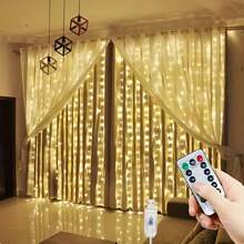 [Warm White Curtain Light] 1pc 300 LED Curtain Light - Warm White, 9.8ft X 9.8ft, USB Powered, 8 Modes, Satin Finish - Perfect For Weddings, Parties, Christmas & Halloween Decorations - USB Curtain Lights - View 6