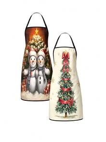 2Pcs Christmas Kitchen Aprons Set, Couple Snowmen Winter Gift Scene & Bow Decorated Christmas Tree Design Adjustable Waterproof Bib Aprons, Festive Holiday Cooking Baking Aprons, Xmas Kitchen Decor Gifts For Family - Multicolor - View 8