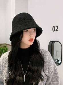 1pc Women's Chenille Knit Bucket Hat, Casual Minimalist Design, Suitable For Daily Wear, Autumn/Winter Outfits, Holidays And Festivals - Black - View 6