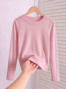 1pc Minimalist Solid Color Basic Long Sleeve Autumn/Winter Top For Girls, Elastic Soft Skin-Friendly Knit Fabric, Suitable For Teen Students' Daily T-Shirt - Pink - View 5