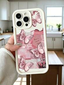 1pc Butterfly Newspaper Fragment Pattern With Perforated Design Camera Protection Anti-Drop Thickened Beige Phone Case Compatible With Apple 17 Pro Max/11 Pro Max/12 Pro Max/13 Pro Max/14 Pro Max/15 Pro Max/16 Plus/16 Pro Max - White - View 19