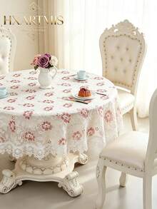 HXARTMIS 1PC Hollow Lace Floral Embroidered Round Tablecloth, Water-Soluble Lace Trim, Washable Polyester Fiber Tablecloth, Suitable For Coffee Side Table, Wedding, Holiday, Home Tabletop Decoration - White - View 4
