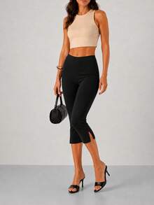 Women Solid High Waist Slim Fit Capri Pants - 黑色 - 查看 2