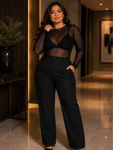 Blusa Feminina Tule Plus Size Blusinha Transparente Confortável e Elegante para Sair Noite Balada Eventos Shows e Festival Manga Longa Transparente em Tela - Preto - Visão 7