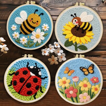 DIY Punch Needle Embroidery Starter Kit, Includes Punch Needle, Yarn, Instruction Manual, Embroidery Hoop And Pre-Printed Fabric (Floral & Insect), Creative Handmade Wall Decor Or Gift, 2D Printed Punch Needle Embroidery Beginner Set, 20x20cm (7.87x7.87in)
