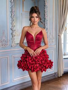 QOQ Women Elegant Strapless Pleated Backless Tie Short Formal Evening Dresses Mesh Party Homecoming Cocktail Graduation Dresses - Burgundy - View 3