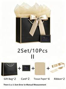 Juego de 5/10/15 bolsas de regalo, incluye 1 bolsa de regalo, 2 papeles de seda, 1 tarjeta y 1 cinta, bolsa de embalaje de compras portátil, bolsa tote con lazo decorativo, adecuada para boda, fiesta de cumpleaños, vacaciones, negocios, manualidades, al por menor - Oro negro - Ver 11