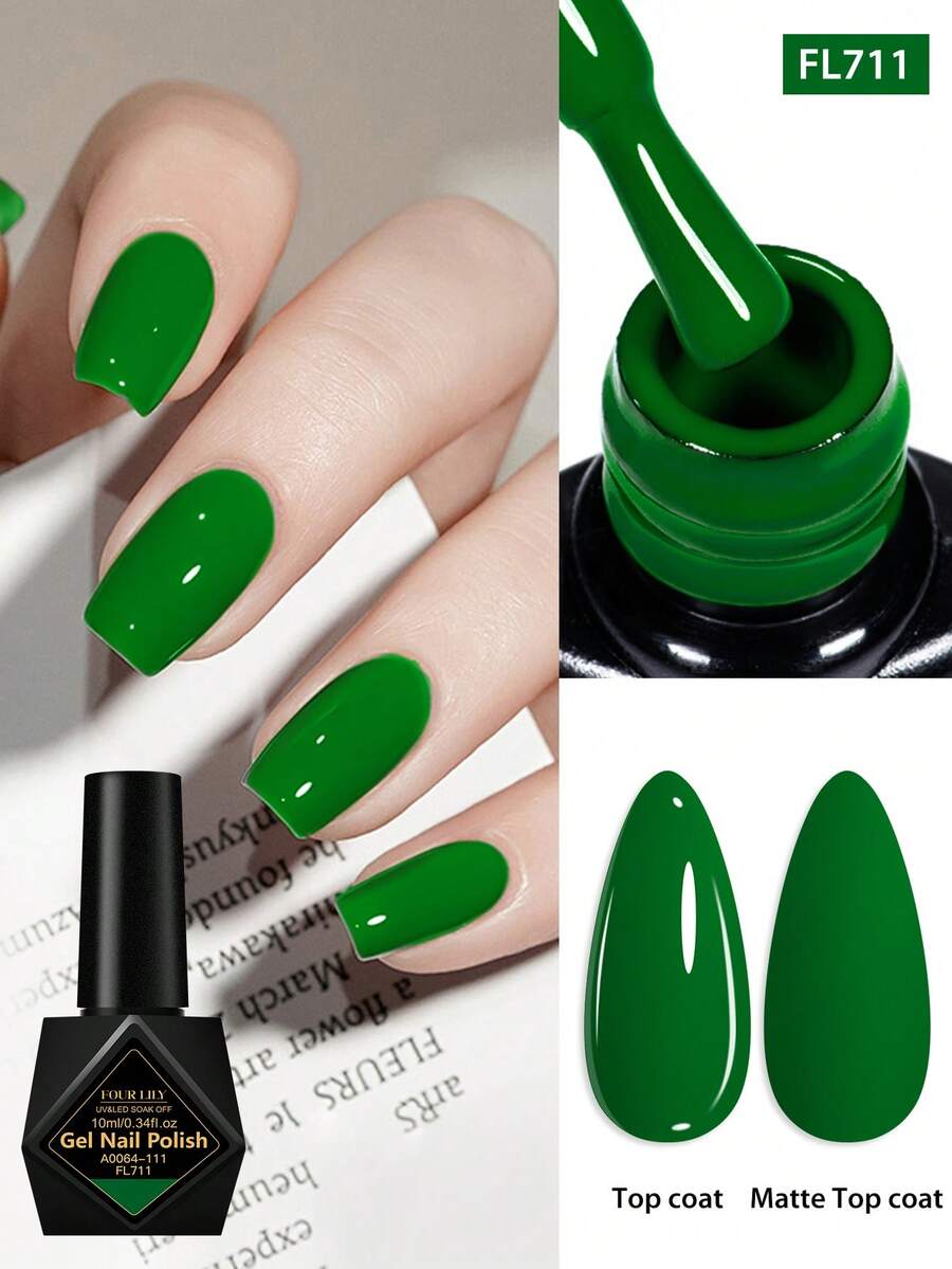 FOUR LILY 1pc 10ml Bright Green Gel Nail Polish, Soak-Off UV LED Curing, Semi-Permanent Nail Polish, Vibrant Color, Long-Lasting, All-Season Summer Popular Color, Suitable For Salon And Home DIY Manicure, Nail Art Supplies
