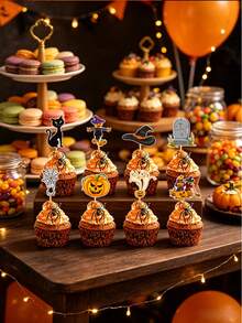 1 Set Halloween Cupcake Decorations, Spider Web, Pumpkin Toppers, Party Decor, Suitable For Holiday Party Decoration, Atmosphere Props - Multicolor - View 8