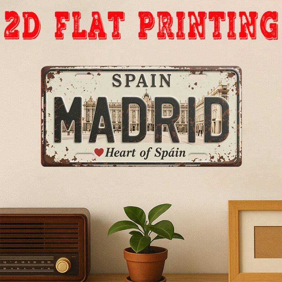 2D Flat Print, 1pc, Vintage Metal Sign, Madrid Spain Heart Sign, Retro Decor, Garage Decor, Cafe Wall Art, Bar Decor, Home Decor, Perfect Gift For Travelers And Friends (Random Style) - A - View 1
