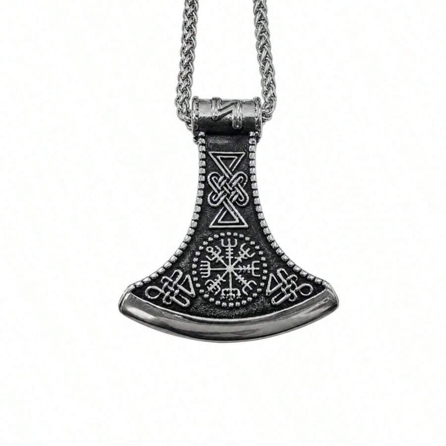 1pc Viking Axe Pendant Necklace, Decorated With Vegvisir And Symbols ...
