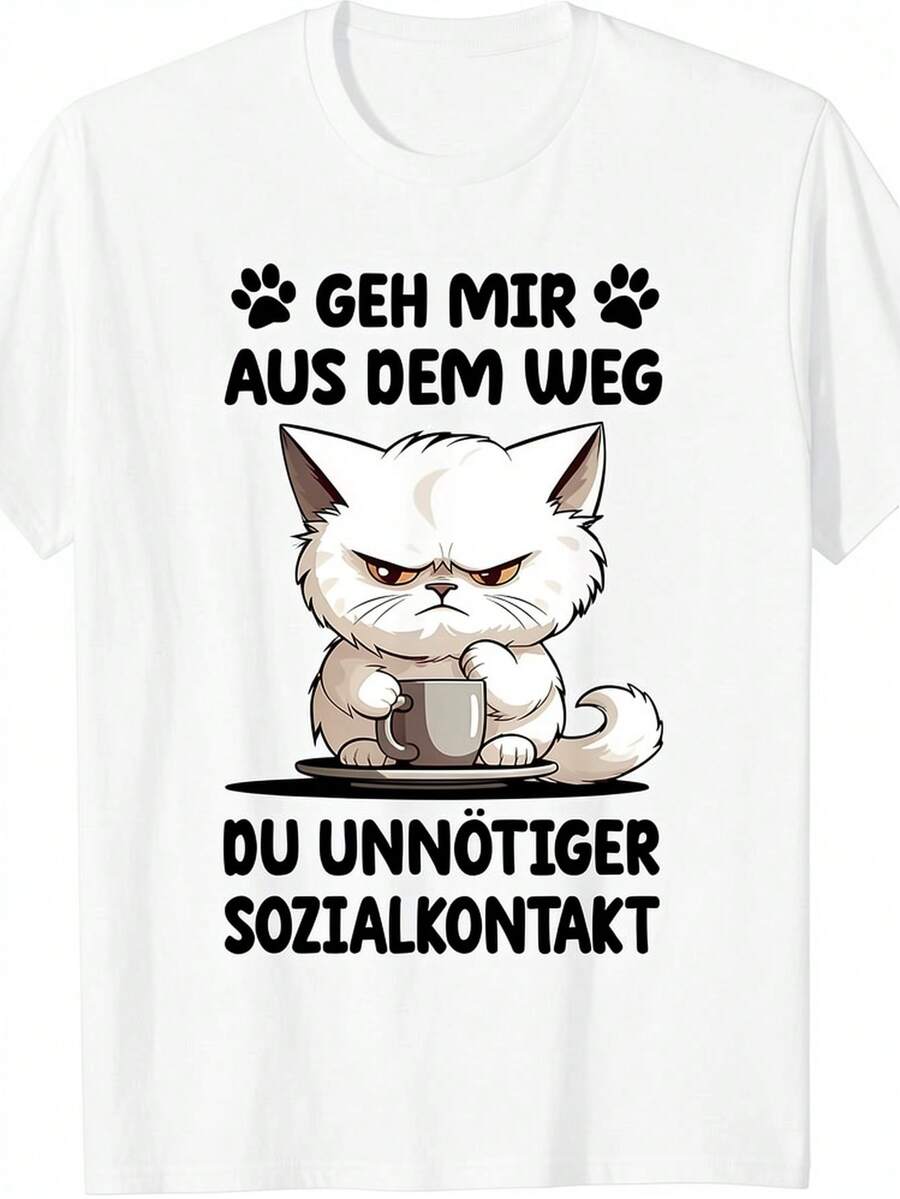 T-Shirt With German Text Coffee Cat Leave Me Alone You Unnecessary Social Contact [Langu, Black - White - View 1