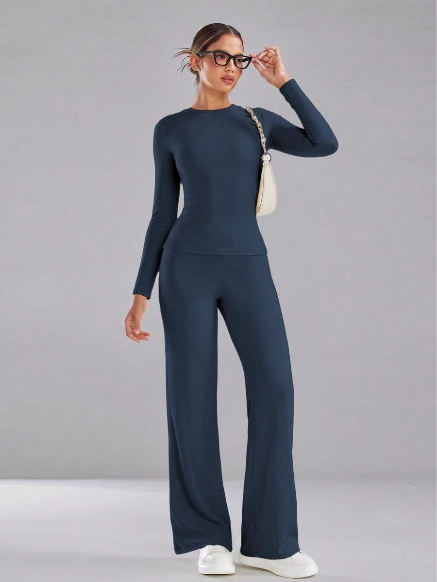 Women's Long Sleeve Slim-Fit Top And Wide Leg Pants Set, High Stretch, Breathable Two Pieces Outfit For Fall And Winter - Navy Blue - View 1