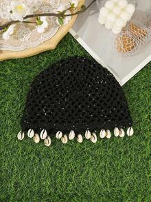 1pc Boho Hollow Crochet Hair Cap With Natural Cowrie Shell Tassels,Women Mesh Knit Turban Hat,Suitable For Everyday Outings Head Vacation For Beach - Multicolor - View 14