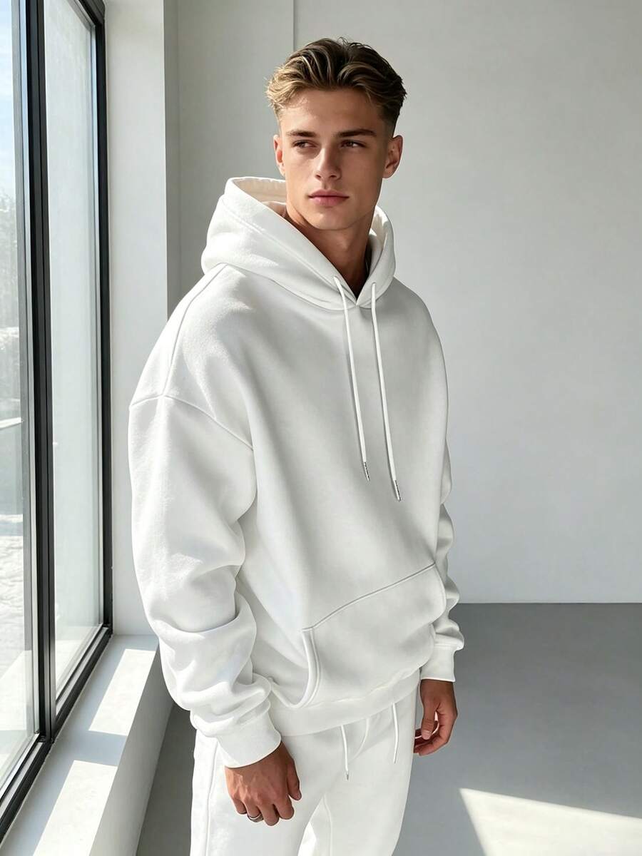 Men's Casual Simple Solid Color Kangaroo Pocket Drawstring Hoodie,Suitable For Daily Commuting,Autumn And Winter - 白色 - 查看 1