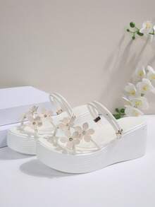 Fashionable Sweet Rhinestone Small Flower Women's Wedge Heel Thick Sole Sandals Comfortable Platform Heel Beige Slides Vacation Casual Versatile Women's Sandals - Beige - View 3