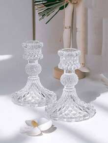 2pcs Transparent Glass Diamond Pattern Candle Holder Base, Home Decor Centerpiece, Suitable For Dining Table, Living Room, Wedding, Gift - Transparent - View 6