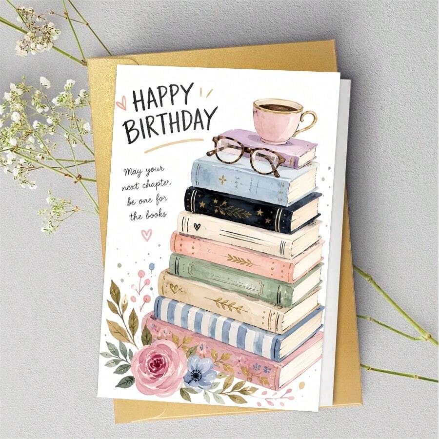 1張書迷讀者生日卡,「One For The Books」語錄搭配水彩花卉書籍插圖,書蟲生日祝福卡,適合愛書之人 - 多色 - 查看 1