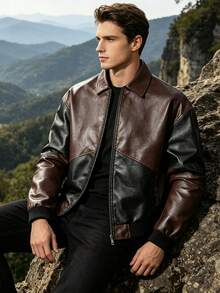 Men's Spring/Autumn Patchwork Motorcycle Leather Jacket, Vintage Lapel Outdoor Camping Cliffside Photo-Ready Versatile Jacket - Brown - View 6