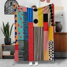 1PC Patchwork Color Block Polka Dot Vertical Stripe Contrast Geometric Abstract Art Full Print Flannel Throw Blanket Modern Matisse Style Living Room Sofa Bedroom Nap Soft Air Conditioning Gift Blanket - Multicolor - View 7