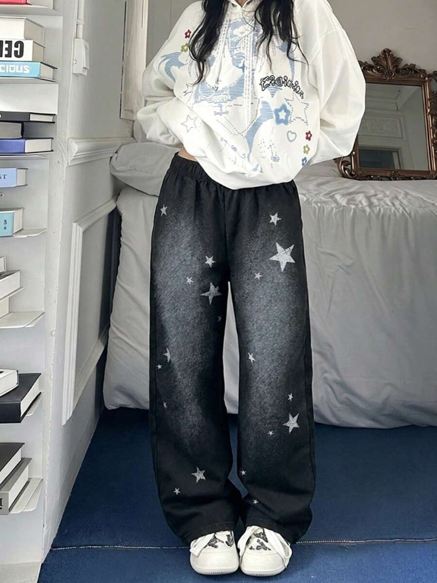 1pc Girls' Korean Street Style Washed Star Loose Wide Leg Casual Long Pants - Black - View 1