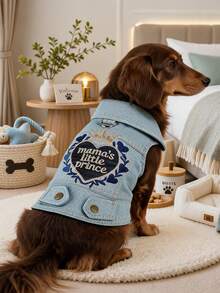 PETCIRCLE 1件寵物衣服 小狗幼犬貓咪可愛寵物秋冬款 個性品牌風刺繡圖案翻領設計愛心皇冠外套 - 藍色 - 查看 2