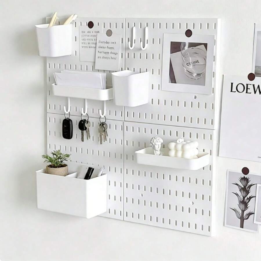 8pcs/Set Wall-Mounted Plug-In Board Storage Rack With Hooks, Shelves, And Storage Boxes. Plastic Multi-Purpose Organizer. No Metal Parts. Requires Assembly. Suitable For Kitchen, Living Room, Bathroom, Office, Utility Racks