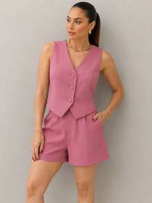Women's Tailored Vest And Shorts Set - Rosa - 查看 1