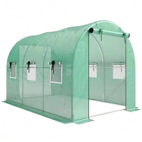 3 X 2 X 2 M Plastic Greenhouse With Roller Bar, 2 Zippered Doors & 6 Mesh Windows, Green Support Poles - 綠色 - 查看 1
