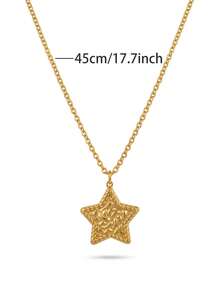 RAYQUEEN 1pc Stainless Steel Vintage Textured Five-Pointed Star Pendant Gold Necklace For Women, Suitable For Daily Wear - Gold - View 5