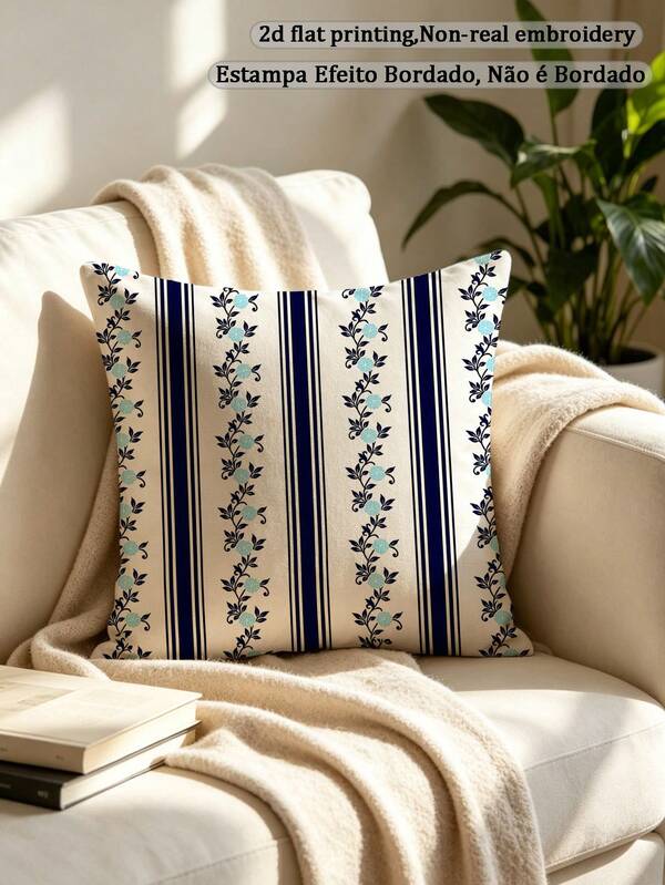 1pc Blue Striped Floral Vine Pattern Soft Vertical Floral Stripe Country Style Sofa Bed Bedroom Home Decor Pillow Case (Pillow Insert Not Included)
