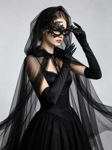4-Piece Halloween Witch Costume Set With Cape, Gown, Gothic Gloves, Headpiece, Mask And Gloves, Suitable For Party, Cosplay, Role Play - Multicolor - View 8
