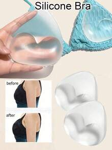 1 Pair Transparent Heart Groove Silicone Bra Inserts, Thick Push Up Breast Enhancer Pads, Reusable Invisible Chest Padding, Soft Swimwear Bikini Bra Inserts For Beach, Swimming, Outdoor Activities - Clear - View 4