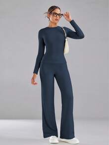 Women's Long Sleeve Slim-Fit Top And Wide Leg Pants Set, High Stretch, Breathable Two Pieces Outfit For Fall And Winter - Navy Blue - View 4
