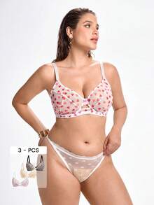 3pcs Women Plus Size Solid Color, Heart, Strawberry, Leopard Print Underwire Comfortable Bras, Lift - Multicolor - View 1