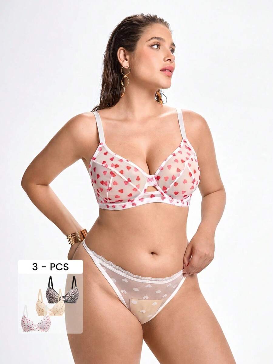 3pcs Women Plus Size Solid Color, Heart, Strawberry, Leopard Print Underwire Comfortable Bras, Lift - Multicolor - View 1