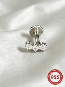 1pc S925 Sterling Silver 3-Diamond Straight Bar Piercing Stud Earrings, Fresh Luxury Minimalist Gentle Commute Date Travel Versatile Personalized Atmosphere Niche Ear Jewelry, Suitable For Women's Daily Party Wear, Cool Elegant Unique Accessory - Diamond - View 4